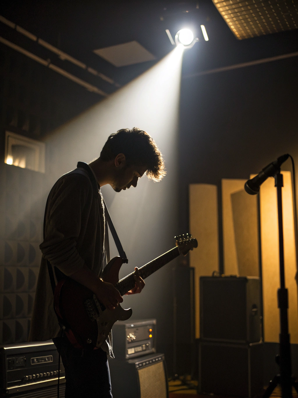 Artist performing under a dramatic spotlight in a professional studio